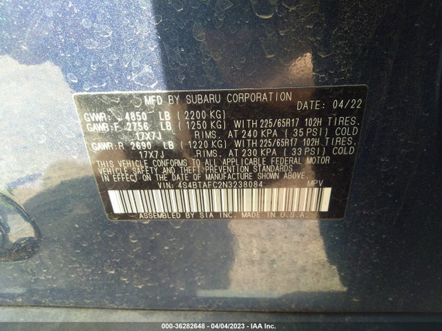 2022 SUBARU OUTBACK PREMIUM VIN: 4S4BTAFC2N3238084