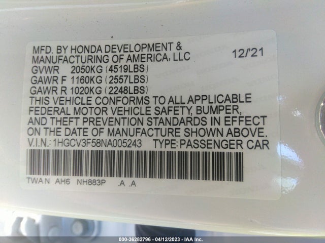 2022 HONDA ACCORD HYBRID EX-L VIN: 1HGCV3F58NA005243