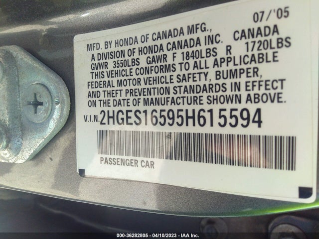 2005 HONDA CIVIC SDN LX VIN: 2HGES16595H615594