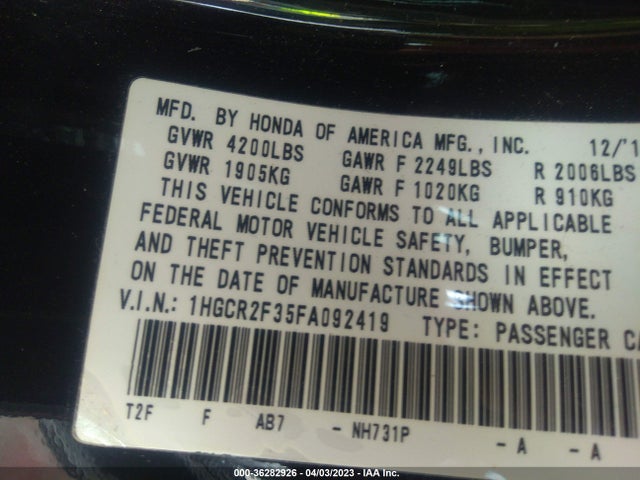 Honda Accord Sedan Lx 2015 1HGCR2F35FA092419 Image 10