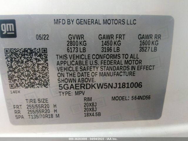 5GAERDKW5NJ181006 Buick Enclave