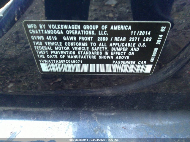 1VWAT7A30FC049071 Volkswagen Passat 1.8t Wolfsburg Ed