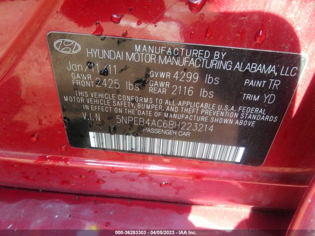 2011 HYUNDAI SONATA GLS PZEV VIN: 5NPEB4AC6BH223214