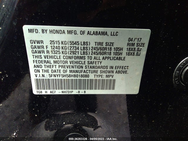 Honda Pilot Ex-l 2017 5FNYF5H58HB018080 Image 9