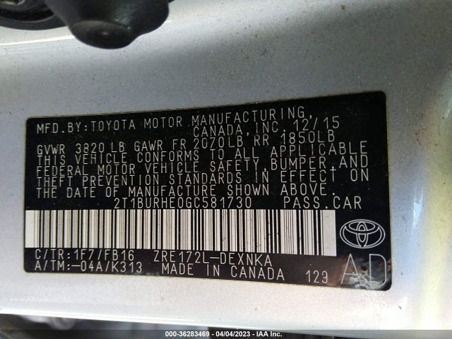 2016 TOYOTA COROLLA L/LE/S/S PLUS/LE PLUS VIN: 2T1BURHE0GC581730
