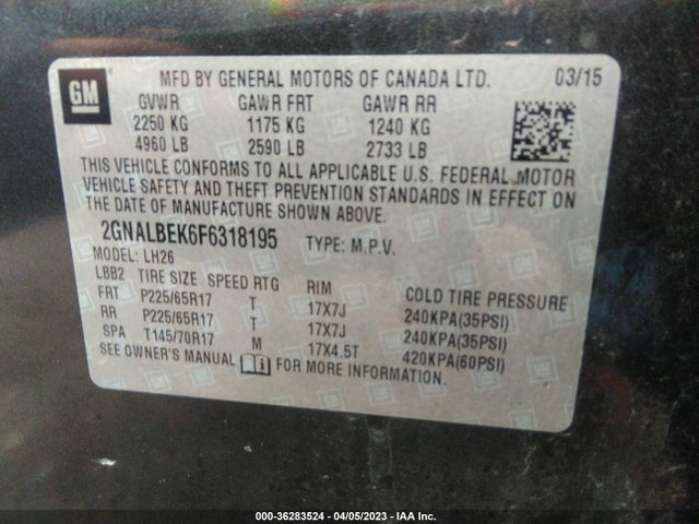 Chevrolet EQUINOX LT 2015 2GNALBEK6F6318195 Image 10