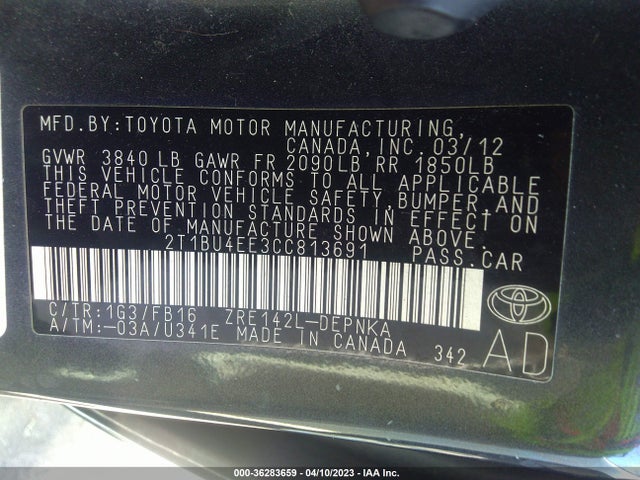 2012 TOYOTA COROLLA L/LE/S VIN: 2T1BU4EE3CC813691