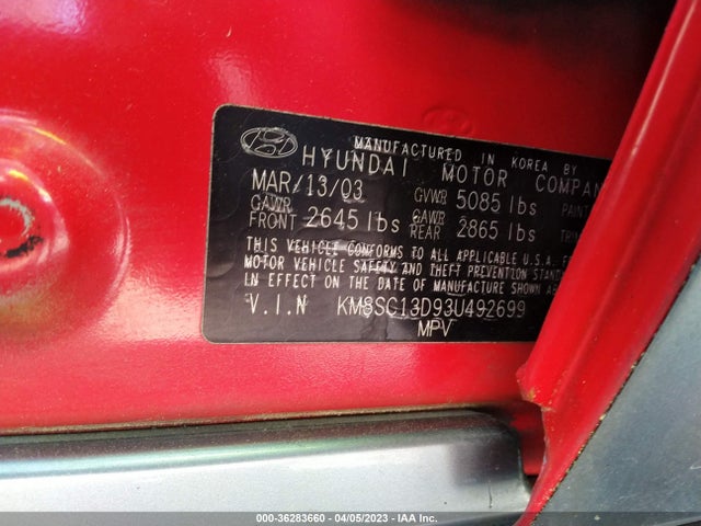 2003 HYUNDAI SANTA FE GLS/LX VIN: KM8SC13D93U492699