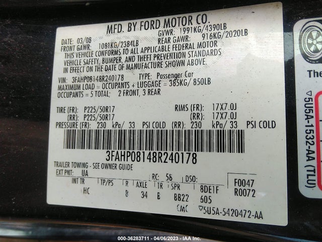 2008 FORD FUSION SEL VIN: 3FAHP08148R240178