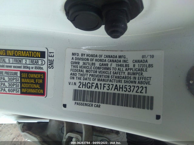 2010 HONDA CIVIC SDN DX-VP VIN: 2HGFA1F37AH537221