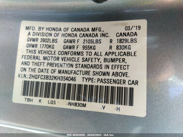 Honda Civic Coupe Ex 2019 2HGFC3B32KH354046 Image 9
