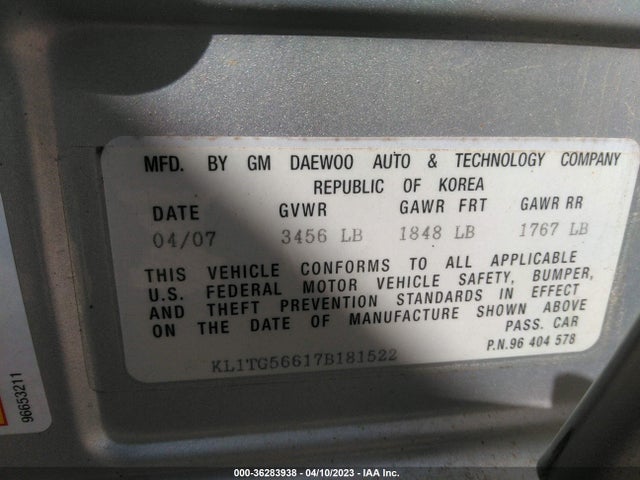 2007 CHEVROLET AVEO LT VIN: KL1TG56617B181522