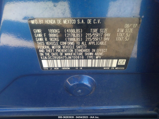 2018 HONDA HR-V EX-L NAVI VIN: 3CZRU6H75JM700816