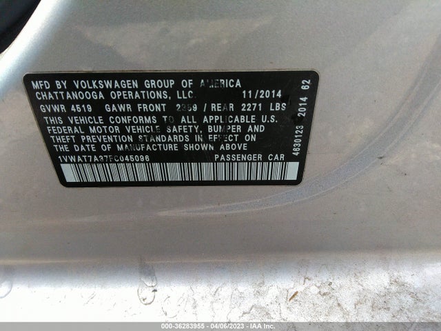 1VWAT7A37FC045096 Volkswagen Passat 1.8t Wolfsburg Ed