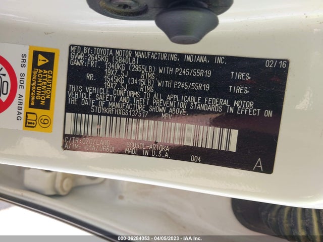 Toyota Highlander Limited 2016 5TDYKRFHXGS137517 Image 10