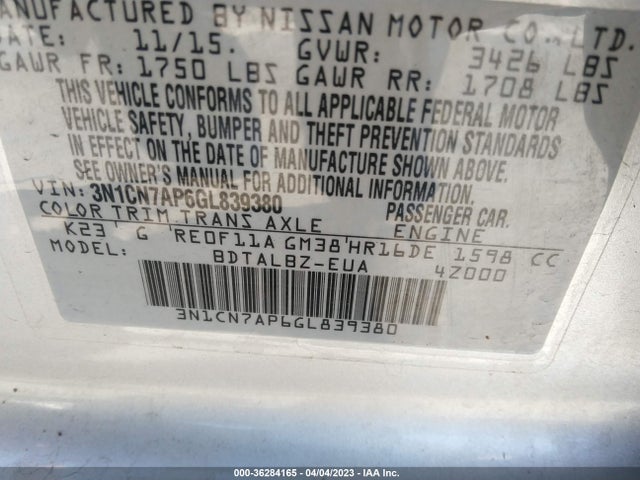 2016 Nissan Versa, VIN: 3N1CN7AP6GL839380