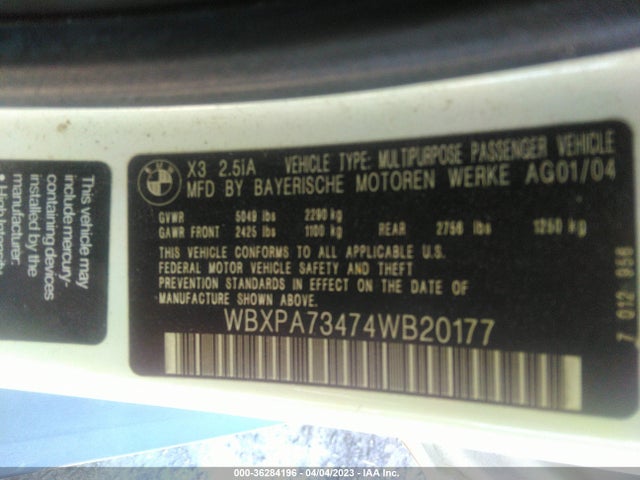 2004 BMW X3 2.5I VIN: WBXPA73474WB20177