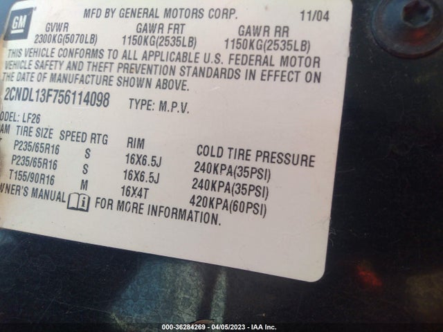 2005 CHEVROLET EQUINOX LS VIN: 2CNDL13F756114098