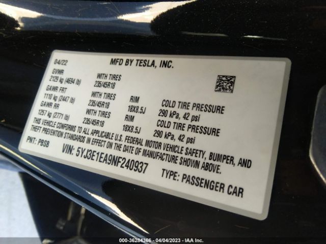 5YJ3E1EA9NF240937 Tesla MODEL 3