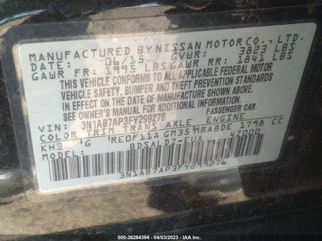 2015 NISSAN SENTRA SV VIN: 3N1AB7AP3FY299276