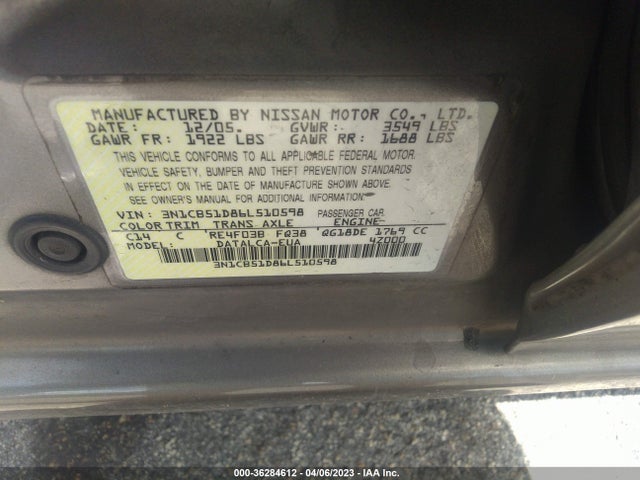 2006 NISSAN SENTRA 1.8 VIN: 3N1CB51D86L510598