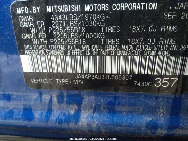 JA4AP3AU3KU006397 Mitsubishi Outlander Sport 2.0