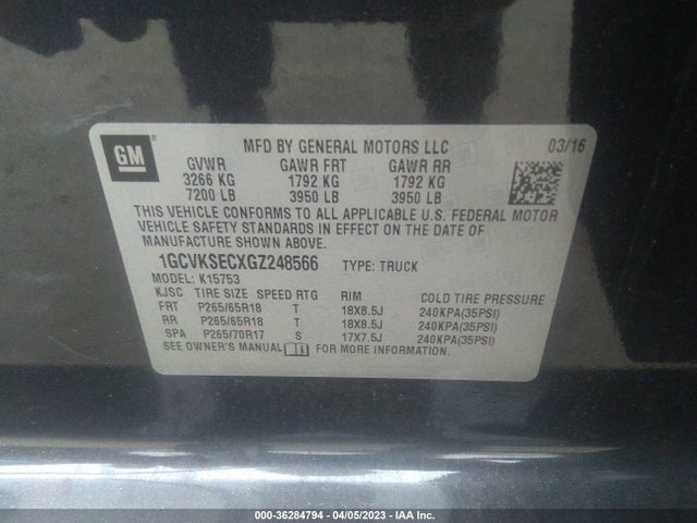 2016 CHEVROLET SILVERADO 1500 LTZ VIN: 1GCVKSECXGZ248566