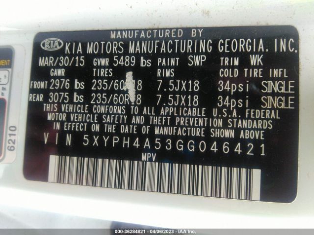 5XYPH4A53GG046421 KIA SORENTO EX