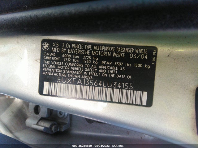 2004 BMW X5 3.0I VIN: 5UXFA13564LU34155