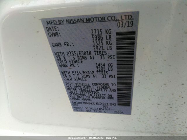 5N1DR2MN9KC620190 Nissan Pathfinder Sv