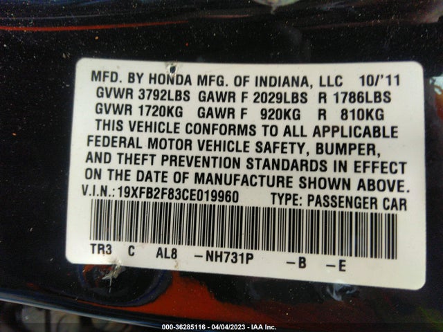 2012 HONDA CIVIC SDN EX VIN: 19XFB2F83CE019960