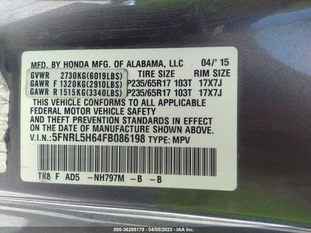 2015 HONDA ODYSSEY EX-L VIN: 5FNRL5H64FB086198