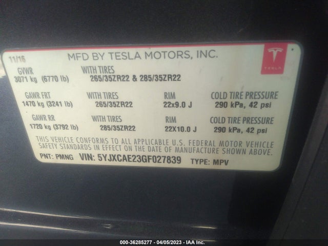 5YJXCAE23GF027839 Tesla Model X 70d/90d/75d/60d