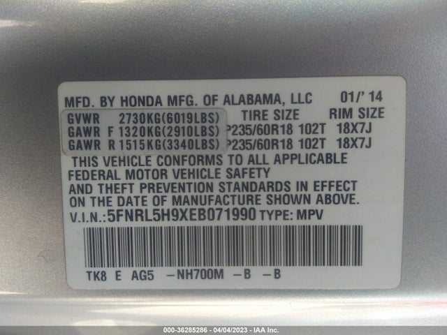 Honda Odyssey Touring 2014 5FNRL5H9XEB071990 Image 9