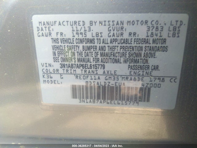 2014 NISSAN SENTRA SV VIN: 3N1AB7AP6EL615779