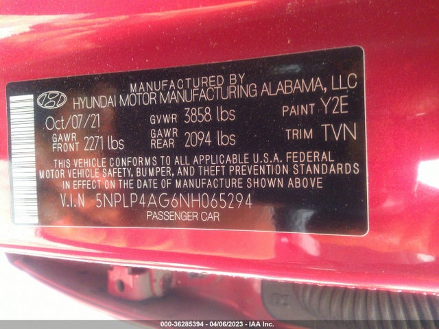 2022 HYUNDAI ELANTRA LIMITED VIN: 5NPLP4AG6NH065294