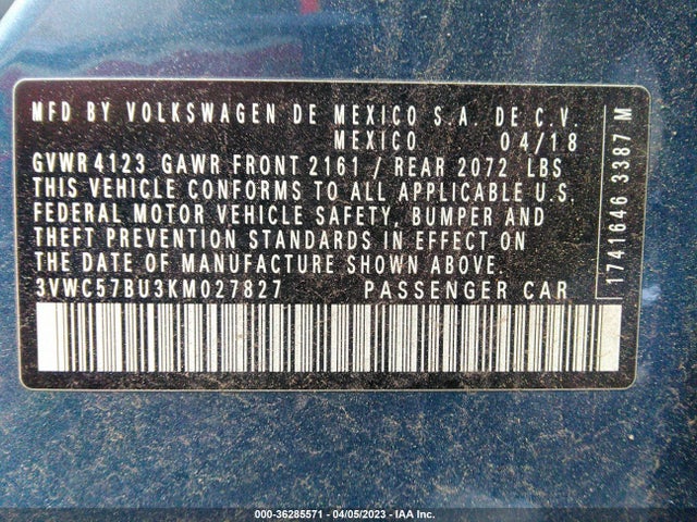 3VWC57BU3KM027827 Volkswagen Jetta S/se/r-line