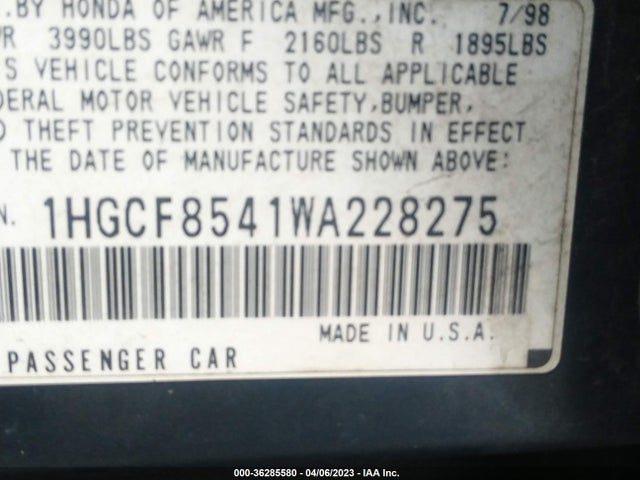 1998 HONDA ACCORD SDN DX VIN: 1HGCF8541WA228275