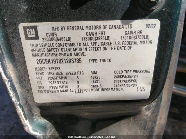 2002 CHEVROLET SILVERADO 1500 LS VIN: 2GCEK19T821293785