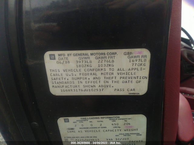 1988 CADILLAC ALLANTE VIN: 1G6VR3176JU102537