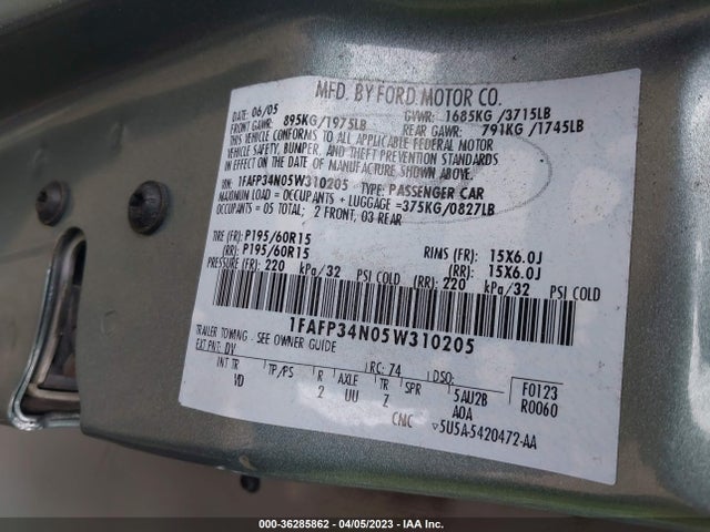 2005 FORD FOCUS S/SE/SES VIN: 1FAFP34N05W310205