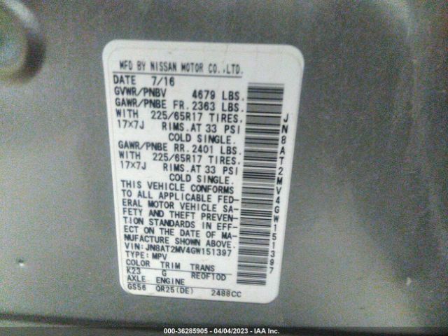JN8AT2MV4GW151397 Nissan ROGUE S