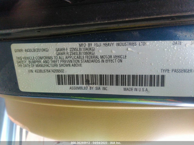 2007 SUBARU LEGACY SEDAN GT LTD VIN: 4S3BL676474209502