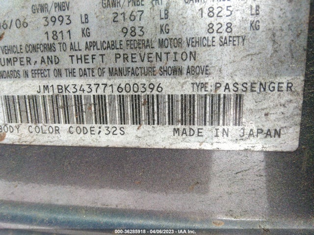 2007 MAZDA MAZDA3 S TOURING VIN: JM1BK343771600396