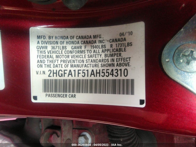 2010 HONDA CIVIC SDN LX VIN: 2HGFA1F51AH554310