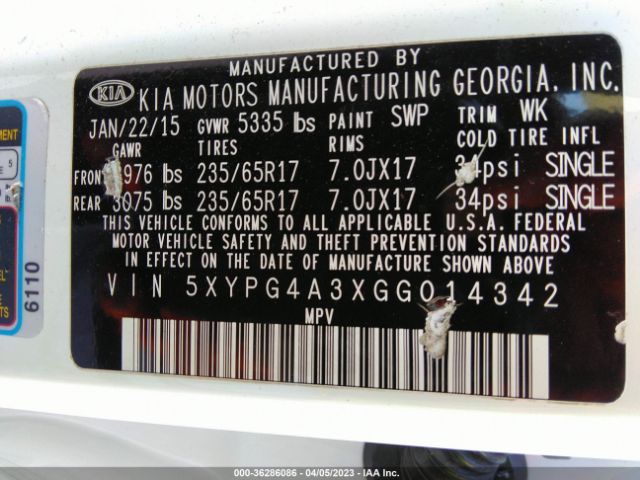 5XYPG4A3XGG014342 KIA SORENTO LX