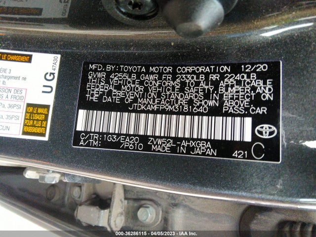 2021 TOYOTA PRIUS PRIME LE/XLE/LIMITED VIN: JTDKAMFP9M3181640