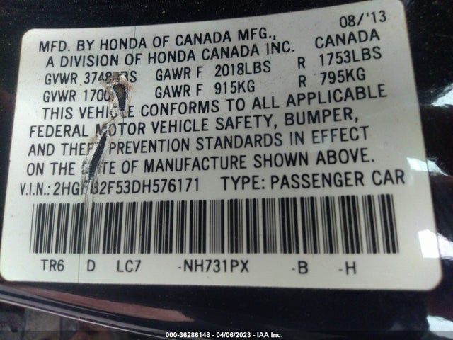 2013 HONDA CIVIC SDN LX VIN: 2HGFB2F53DH576171