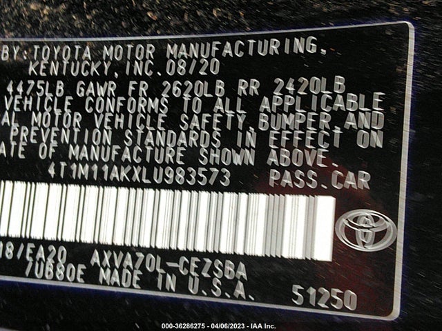 36286275 :رقم المزاد ، 4T1M11AKXLU983573 vin ، 2020 Toyota Camry Se مزاد بيع