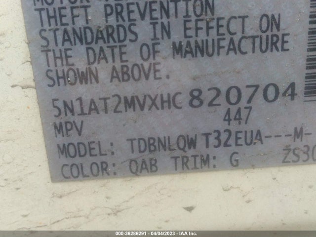 2017 NISSAN ROGUE SV VIN: 5N1AT2MVXHC820704